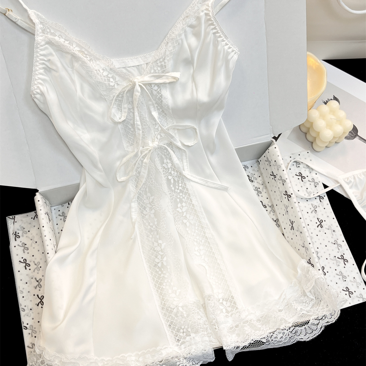 高级感性感睡裙蝴蝶结系带居家服低领修身透气蕾丝花边纯欲风夏季