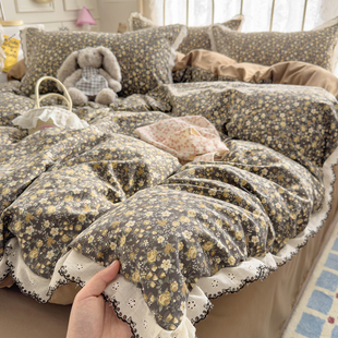 A类化纤面料防螨防过敏宿舍三件套床单被套复古法式花边四件套