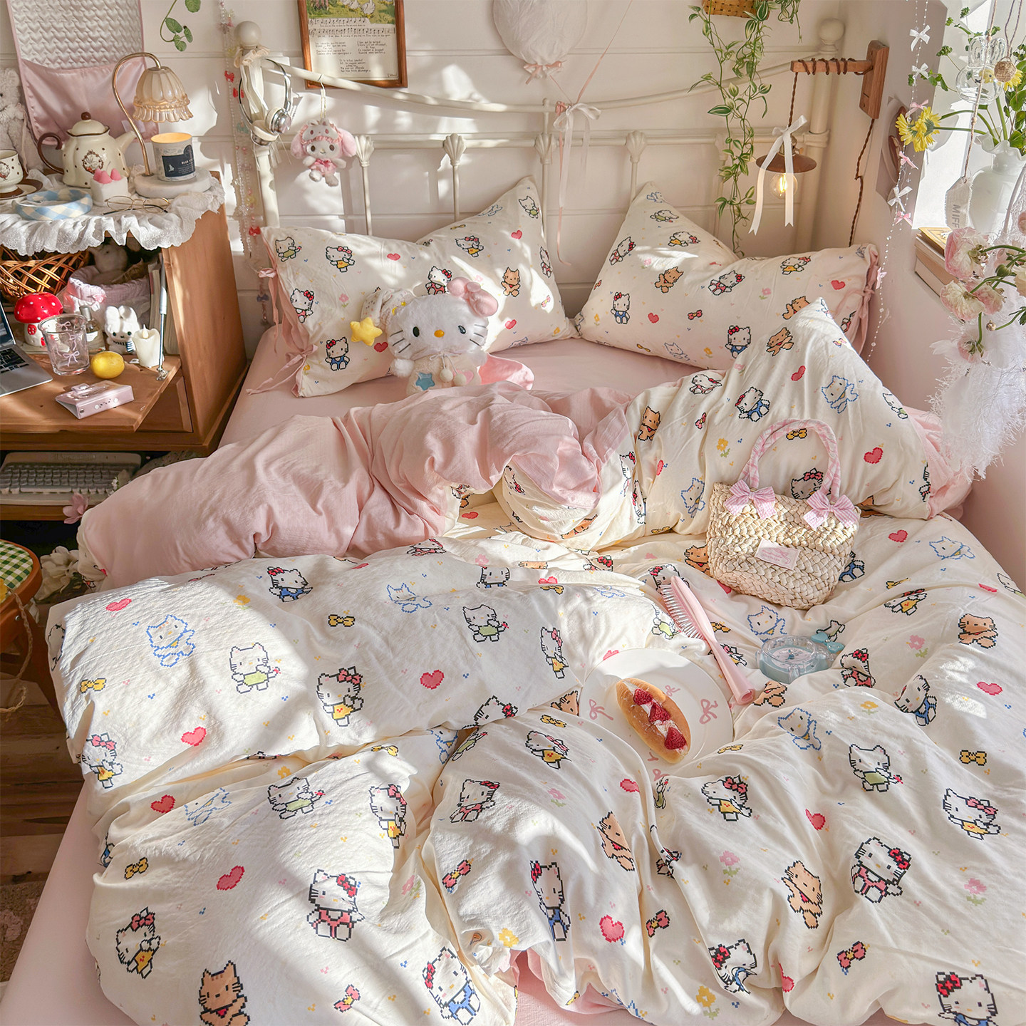 化纤面料防螨宿舍三件套床单款床笠款单被套云感双层纱四件套