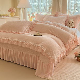 2025秋冬新款法式床盖韩版花边款加厚牛奶绒四件套双面宝宝绒套件