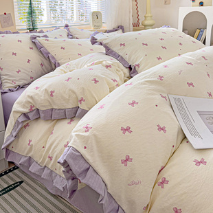 化纤面料防螨虫防过敏宿舍三件套床单款床笠款印花双层纱四件套