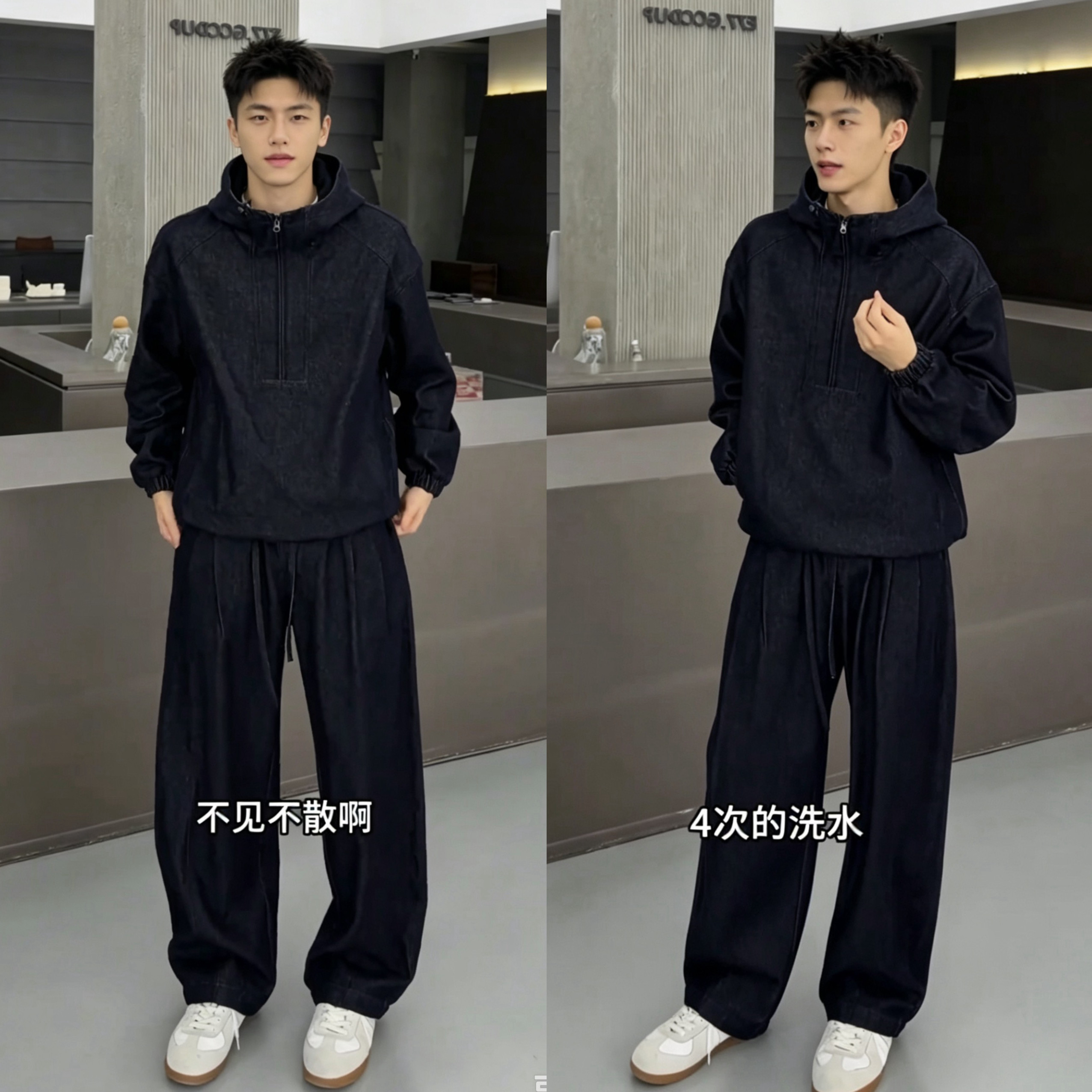 秋季新款水洗半拉链牛仔套装男士潮流时尚户外连帽夹克长裤两件套