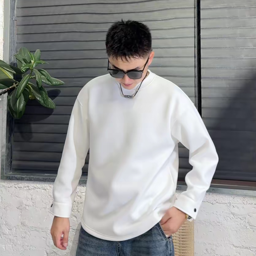 秋冬款男士加绒加厚简约时尚净版衬衫袖口设计圆领卫衣打底衫上衣