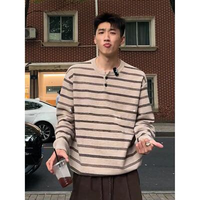 秋冬爆款条纹亨利领针织衫男士韩系高级感宽松百搭长袖打底衫毛衣