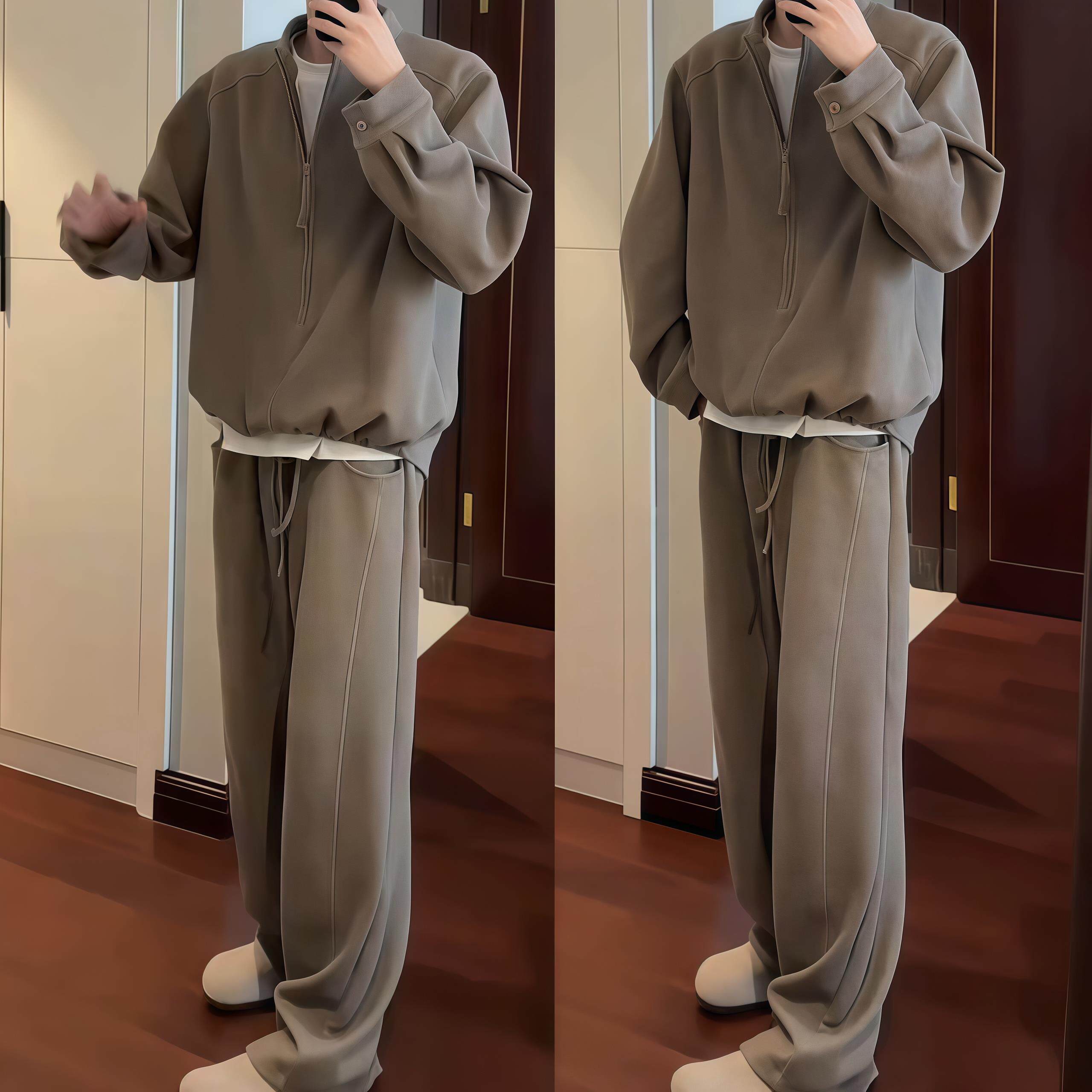 秋冬款男士老钱风加厚假两件休闲套装情侣款半拉链卫衣卫裤两件套