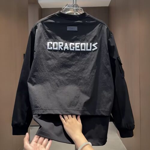 美式字母假两件设计感工装卫衣男士秋季时尚休闲情侣长袖T恤打底