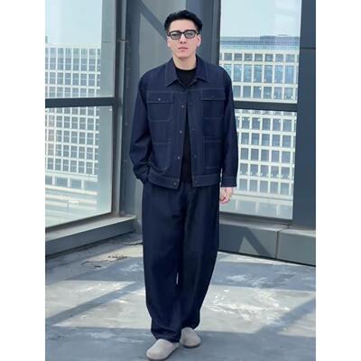 春季男士极简风立体裁剪时尚牛仔套装长袖翻领休闲外套长裤两件套