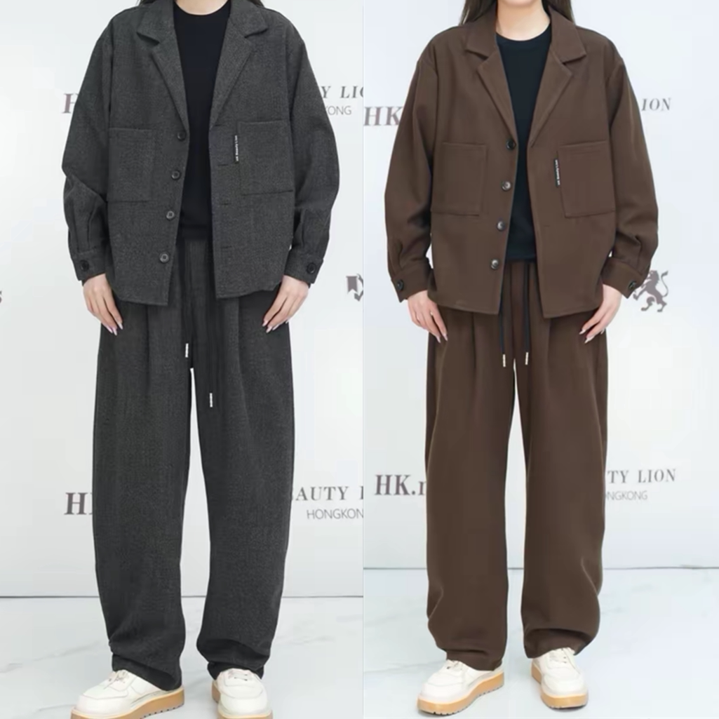 秋季新款男士老钱风毛呢翻领时尚套装轻奢高级感外套休闲裤两件套