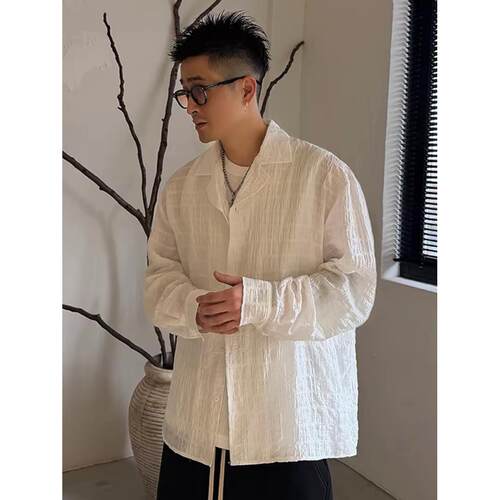 夏季新款男士雅痞风浮雕格子肌理感长袖衬衫廓形宽松百搭防晒衬衣