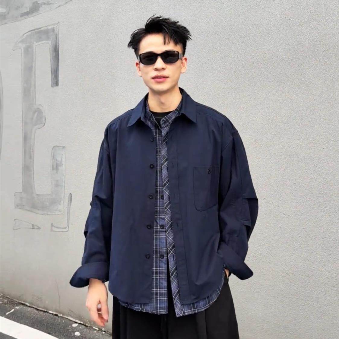 秋季新款男士痞帅假两件格子衬衫外套宽松休闲高级感长袖夹克上衣