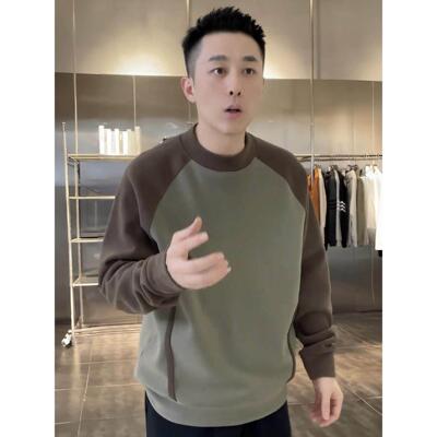 秋冬双面云朵绒拼接撞色卫衣男士高级时尚百搭宽松软糯长袖打底衫