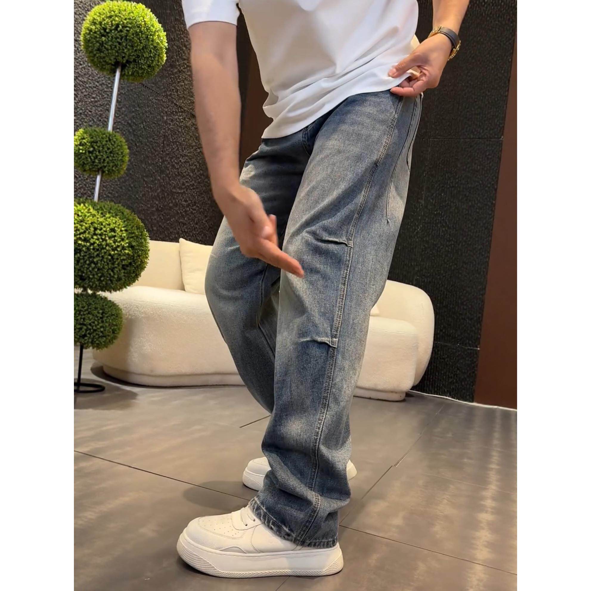 秋冬款男士美式复古水洗弯刀牛仔裤时尚重磅立体裁剪休闲百搭长裤