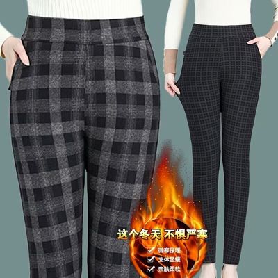 新款中老年女士高腰格子裤子