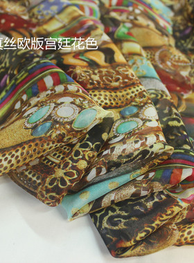 真丝雪纺面料 欧款宫廷花布 薄纱布料 桑蚕丝 丝绸连衣裙  汉服料