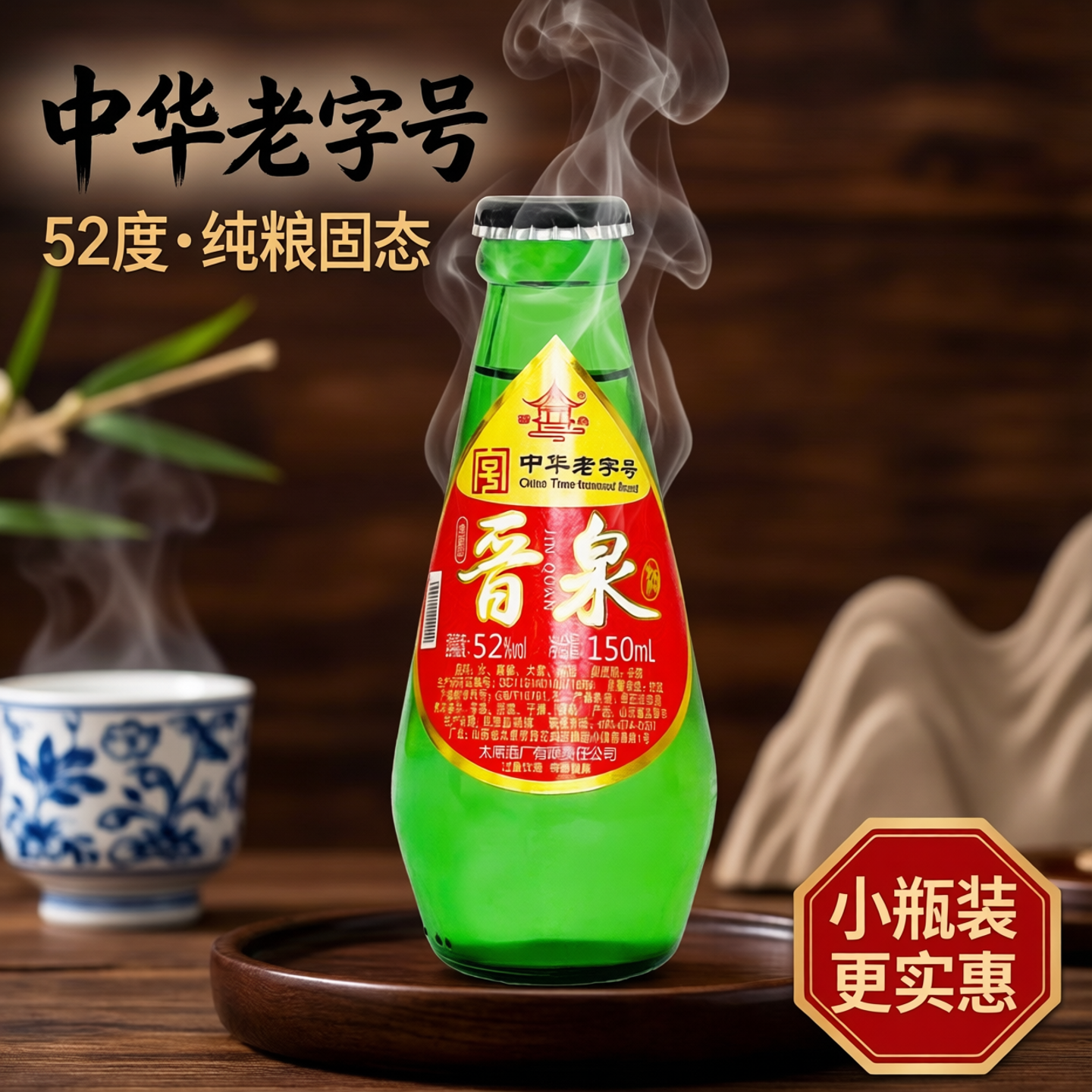 山西太原晋泉高粱白酒52度150ml固态发酵纯粮小瓶锥形水滴清香型