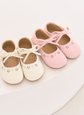 韩国童鞋代购2024春秋新款balsori女孩宝宝百搭花朵镂空软底皮鞋