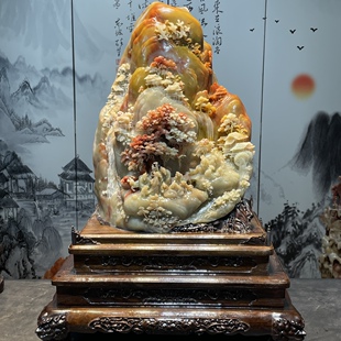 寿山石精品大摆件银包金雅玩玄关客厅装饰摆件收藏礼品配玻璃罩