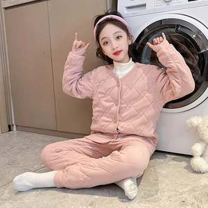 儿童保暖内衣德绒加厚款大女童睡衣秋冬季小孩家居服夹棉开衫套装