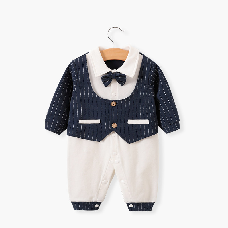百天日照宴婴儿衣服春秋装男宝宝外出满月服一周岁绅士礼服连体衣