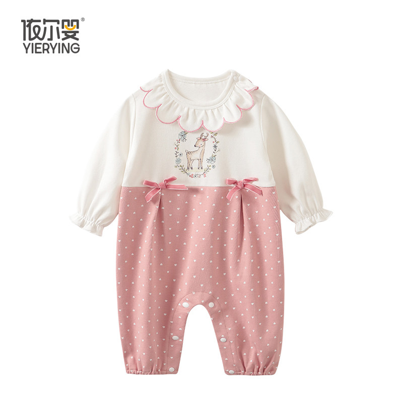 新款女宝宝荷叶领粉色婴儿服秋季长袖波点连体衣