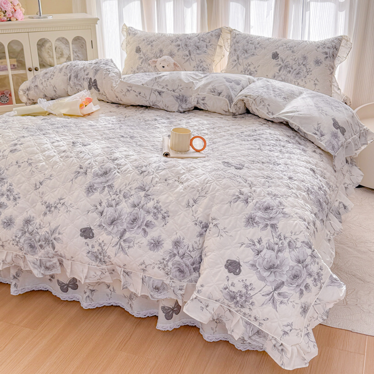 全套夹棉四件套全棉纯棉绗缝加厚被套床裙款韩式花边公主风夏凉被