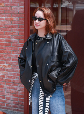 甜石【自由秘境】进口新西兰绵羊皮黑色泡皮皮衣Y家同款