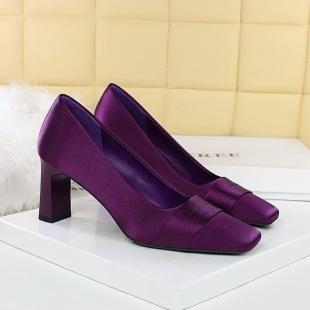 女绸缎 超好看绝美气质方头浅口单鞋 紫色高跟鞋 粗跟不累脚7cm法式