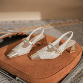 小香风拼接方头玛丽珍后镂空粗跟法式 2025新款 高端 女夏季 包头凉鞋