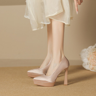 性感防水台尖头细跟精致绝美小高跟鞋女不累脚超高跟绸缎12CM单鞋