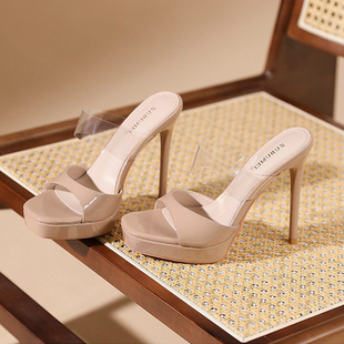 透明高跟鞋水晶防水台拖鞋二字露趾法式凉拖细跟出门外穿cos绝美