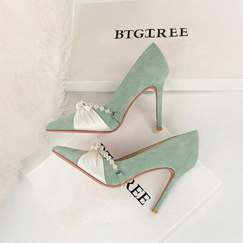 绿色高跟鞋配礼服不累脚蝴蝶结尖头绝美法式气质名媛粉色单鞋细跟,女鞋,浅口单鞋,淘宝优惠券,粉丝福利购,淘宝优惠卷