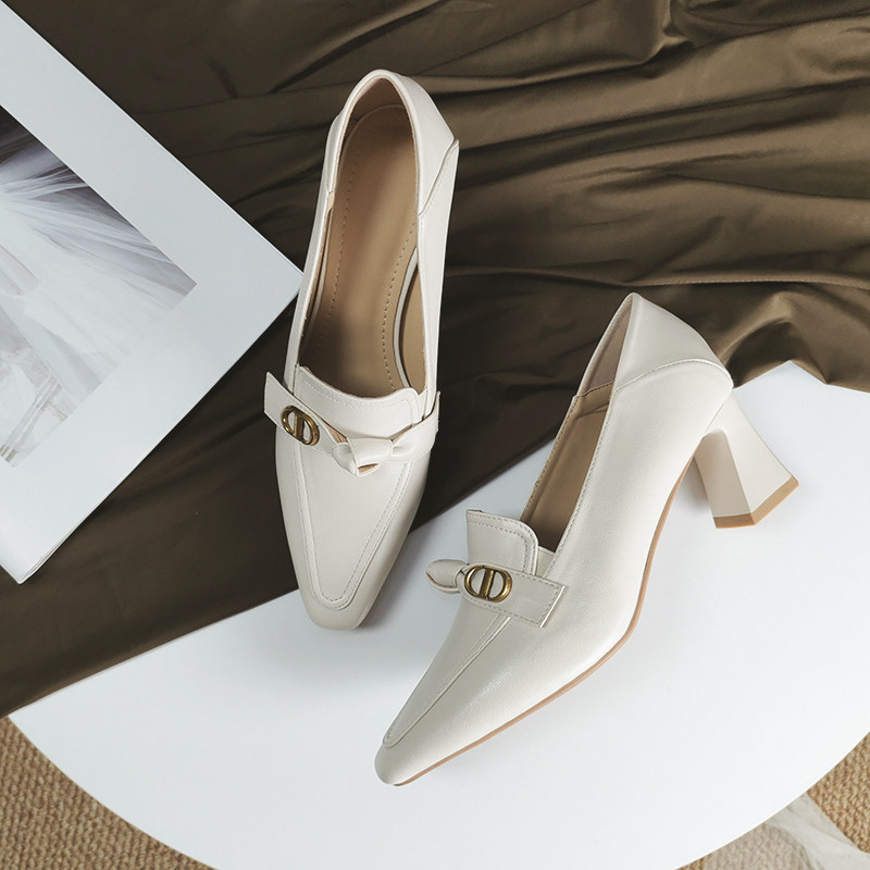 深口高跟鞋新款6厘米粗跟米色软皮不累脚中跟方头两穿乐福鞋春款,女鞋,深口单鞋,淘宝优惠券,粉丝福利购,淘宝优惠卷