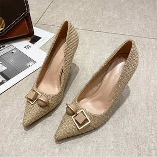 法式气质四方扣裸色尖头高跟鞋细跟新款宴会名媛黑色单鞋布面编织