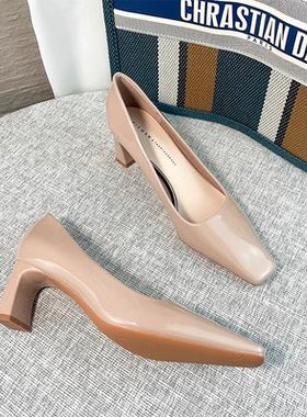 裸粉色高跟鞋方头皮职业工作女鞋