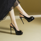 御姐性感不累脚12cm细跟防水台厚底黑色夏季 2025新款 鱼嘴高跟凉鞋