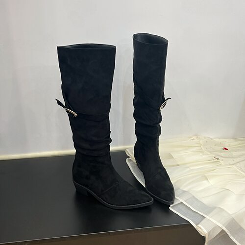 粗跟尖头皮带扣不过膝长筒堆堆靴