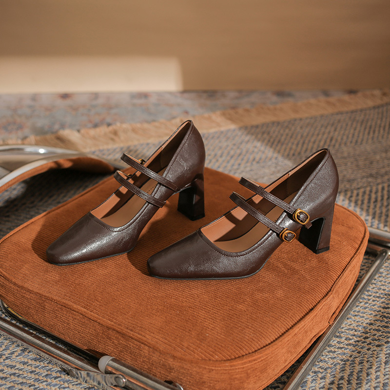 法式绝美玛丽珍鞋复古粗跟浅口棕色高跟鞋女新款方头软面软底单鞋