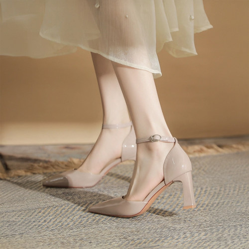 绝美尖头粗跟不累脚半包中空女鞋