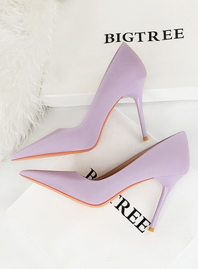 紫色高跟鞋女2025新款10厘米细跟浅口尖头缎面单鞋职业舒适不累脚