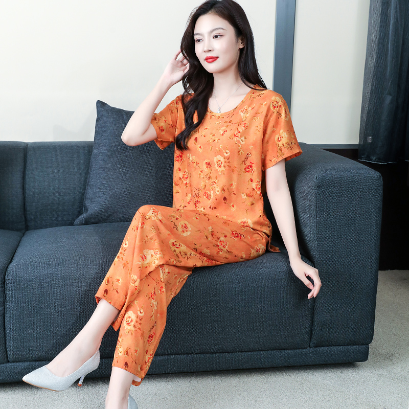 春夏季薄款棉绸女士睡衣套装简约时尚短袖绵绸中老年可外穿家居服