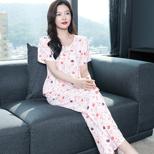 宽松可外穿中老年家居服套装 妈妈人棉睡衣女夏季 棉绸大码 短袖 薄款