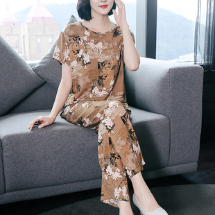 舒适女士可外穿夏季 短袖 宽松大码 中老年棉绸薄款 家居服 睡衣女套装
