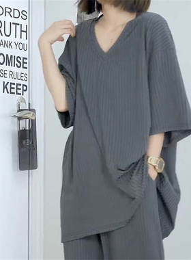 清仓捡漏专柜撤回特大码胖mm300斤螺纹五分袖上衣女长裤套装女