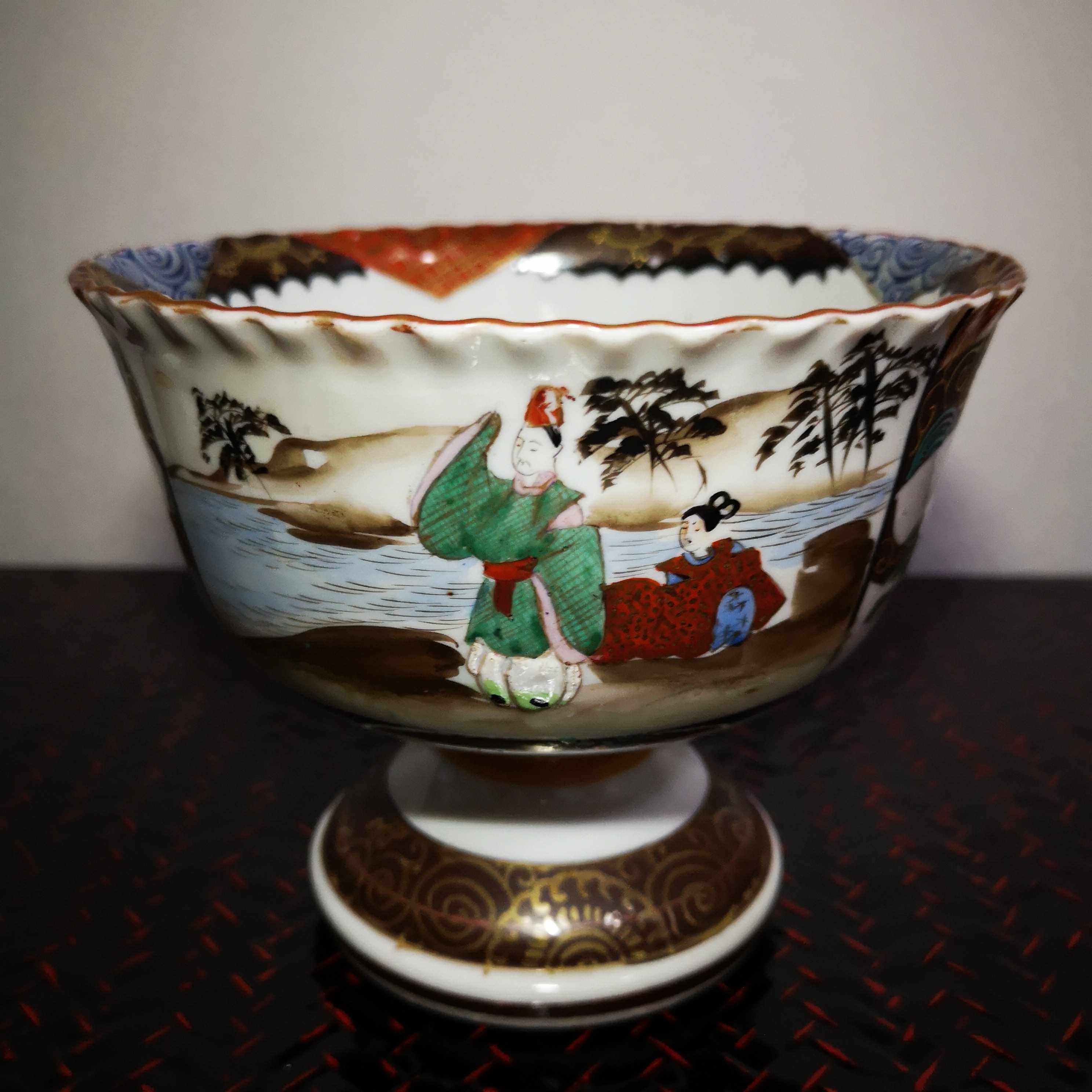 日本明治九谷加贺金襴手描金人物金魚碗/杯洗13.5cm品相完整