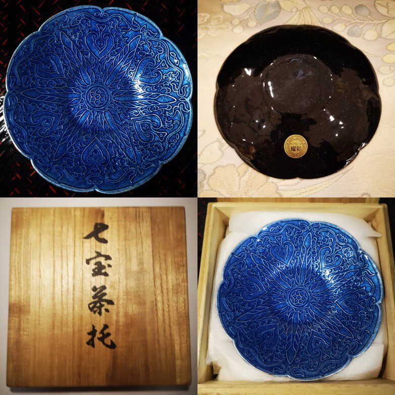 日本七宝烧蓝釉铜茶托杯垫杯托茶盘全新全品一套五只原盒11.5cm