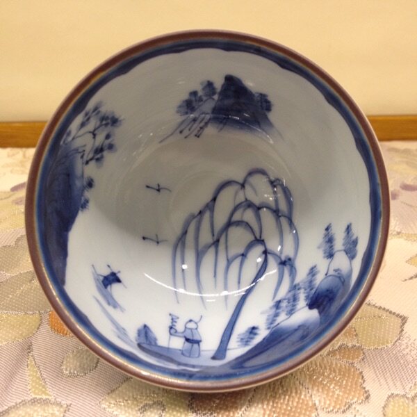 日本华山窑白川谷手绘青花山水人物大号茶杯盖杯全品停产8.2*6cm