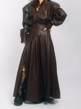 threeday复古暗棕色收腰长款过膝半身裙女宽松抽褶开叉长裙高腰