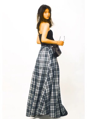 threeday复古经典黑白大格松紧腰开叉大裙摆春夏半身高腰a字长裙