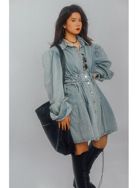 threeday复古浅色系带高腰牛仔全棉连衣裙女长袖收腰泡泡袖外套裙