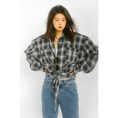 宽松复古单排扣长袖混纺垫肩绑带